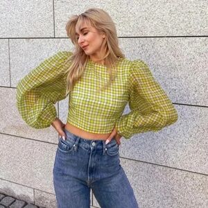 Ganni Organza Plaid Puff Sleeve Crop Top in Sulphur